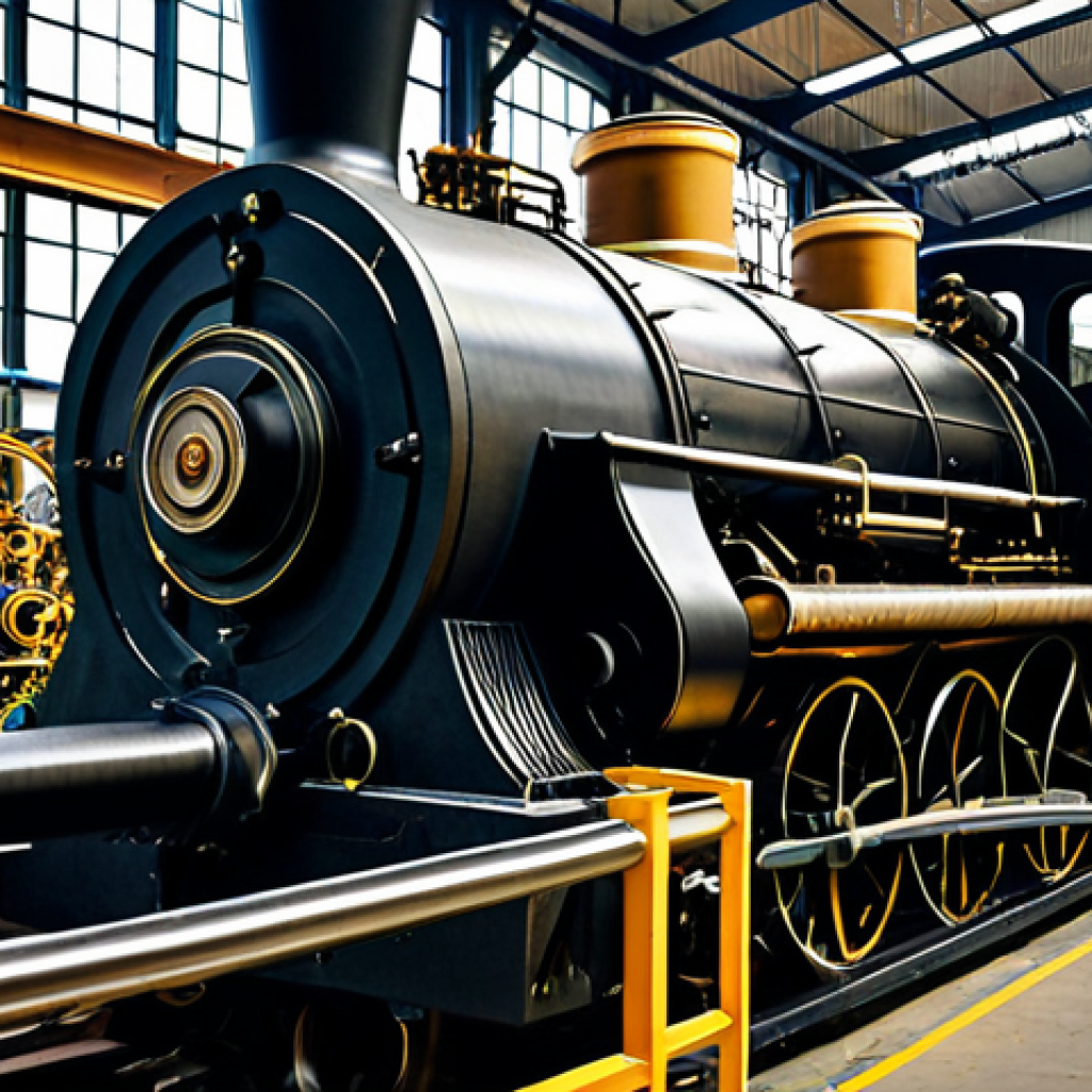 A highly detailed, professional photographic depiction of a massive, early industrial steam engine, its complex brass and iron components gleaming under diffused factory light. In the background, subtly blurred, glimpses of fully clothed, modest workers attending to textile looms in a bustling, well-maintained factory interior. The scene evokes a sense of innovation and powerful machinery. This image is safe for work, appropriate content, fully clothed, professional, with perfect anatomy, correct proportions, natural pose, well-formed hands, proper finger count, and natural body proportions.