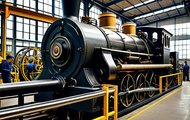 A highly detailed, professional photographic depiction of a massive, early industrial steam engine, its complex brass and iron components gleaming under diffused factory light. In the background, subtly blurred, glimpses of fully clothed, modest workers attending to textile looms in a bustling, well-maintained factory interior. The scene evokes a sense of innovation and powerful machinery. This image is safe for work, appropriate content, fully clothed, professional, with perfect anatomy, correct proportions, natural pose, well-formed hands, proper finger count, and natural body proportions.