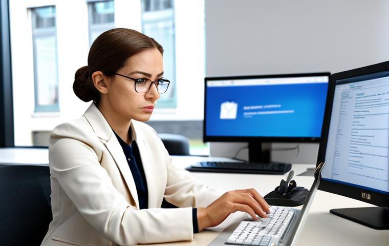 인터넷 보안 - Phishing Awareness**
A woman in professional attire, sitting at a desk in a bright office, looking ...