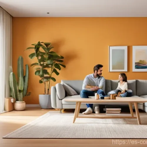 Home 26 IT 상식 - A cozy and brightly lit modern Spanish living room, with a family relaxing on comfortable sofas. A s...