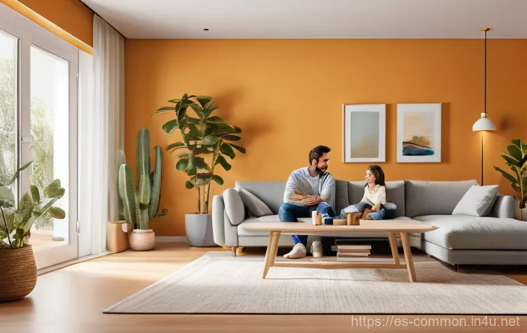 IT 상식 - A cozy and brightly lit modern Spanish living room, with a family relaxing on comfortable sofas. A s...