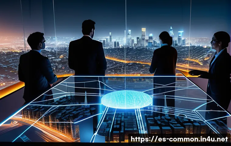 블록체인 상식 - A diverse group of Latin American professionals gathered around a transparent digital table displayi...