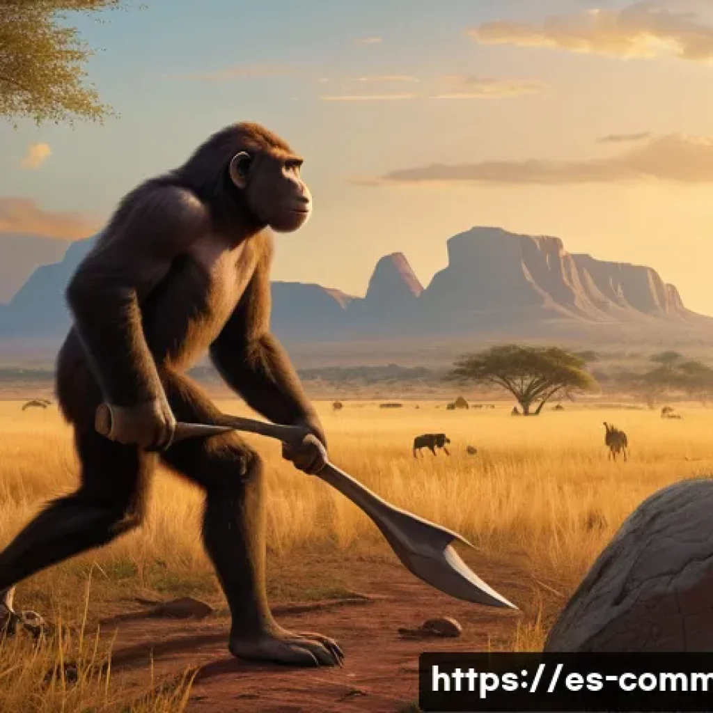 인류의 진화 - A detailed prehistoric African savanna scene depicting early hominids, specifically Australopithecus...