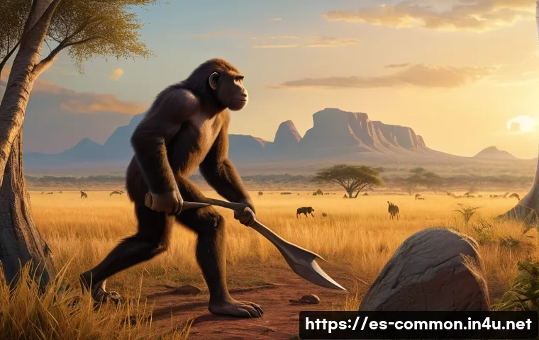 인류의 진화 - A detailed prehistoric African savanna scene depicting early hominids, specifically Australopithecus...
