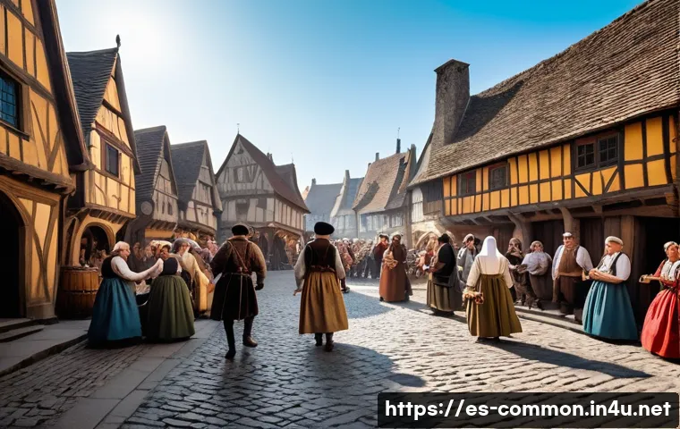 음악의 역사 - A vibrant medieval village scene during a festive celebration, featuring troubadours and jongleurs p...