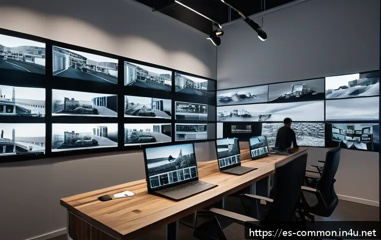 영화 감독 - A contemporary film director’s creative workspace featuring a large digital storyboard displaying a ...