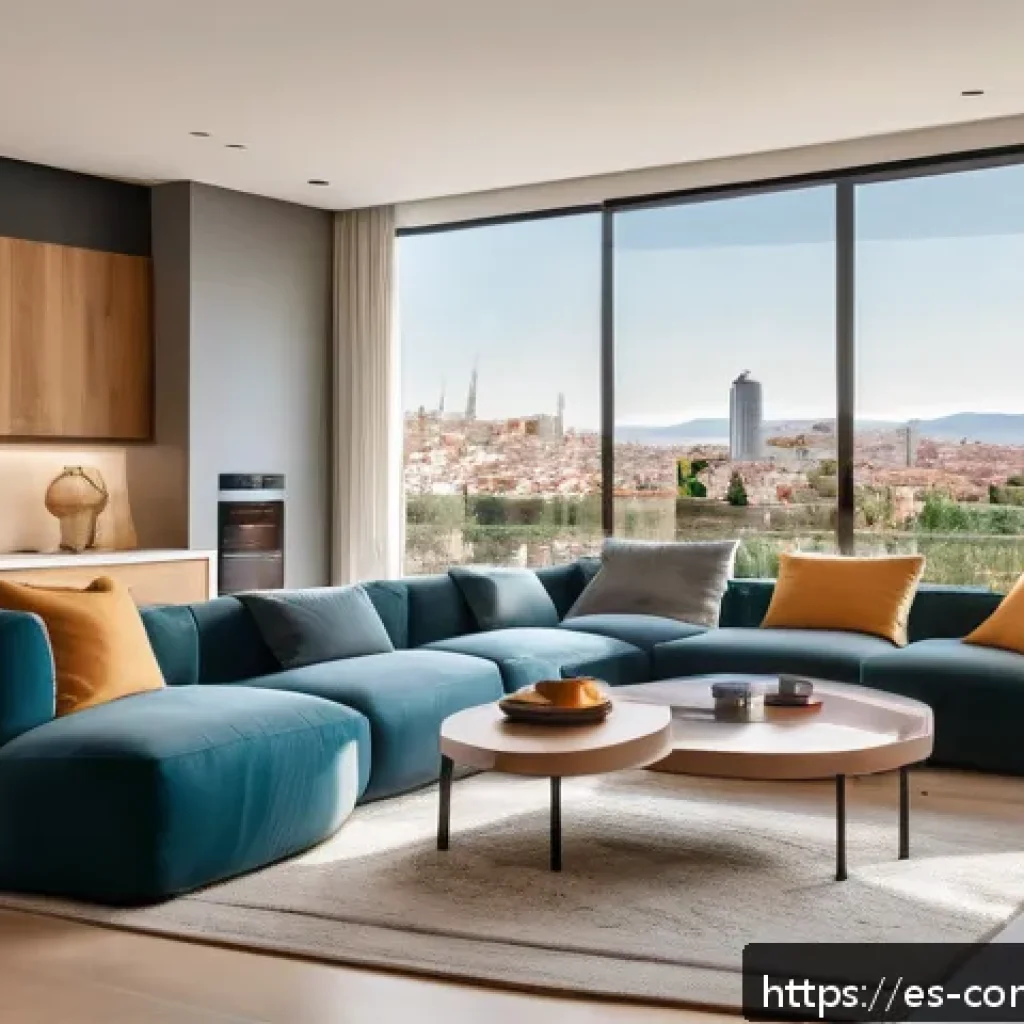 기술 혁신 - A modern Spanish living room equipped with smart home technology: sleek wall-mounted touchscreen con...