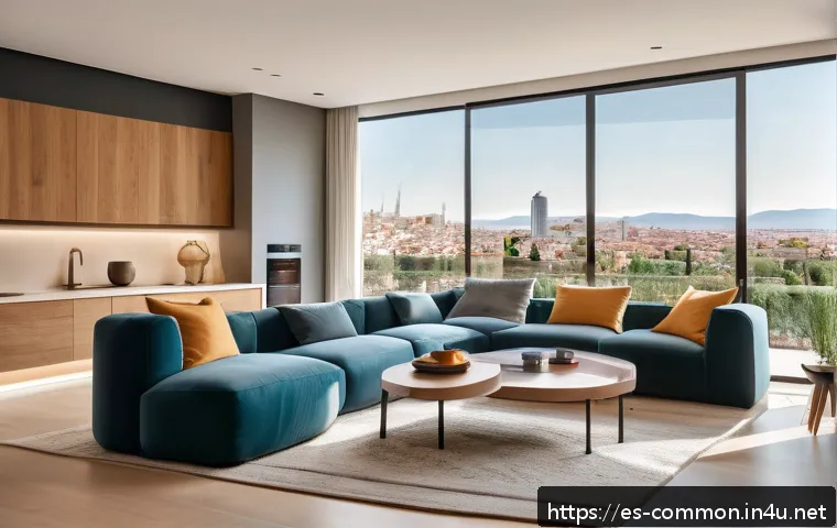 기술 혁신 - A modern Spanish living room equipped with smart home technology: sleek wall-mounted touchscreen con...