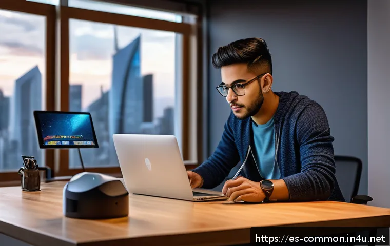 인터넷 상식 - A modern urban home office scene showing a young Hispanic adult configuring a sleek Wi-Fi router on ...