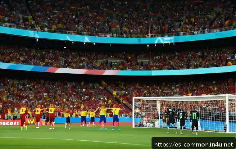 FIFA 월드컵 - A vibrant stadium scene during an international soccer match in Spain, showcasing advanced technolog...