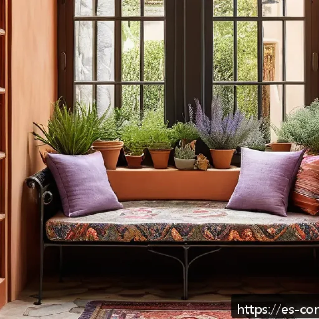독서 상식 - A cozy Spanish-style reading nook bathed in warm natural sunlight filtering through a large window w...