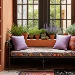 독서 상식 - A cozy Spanish-style reading nook bathed in warm natural sunlight filtering through a large window w...