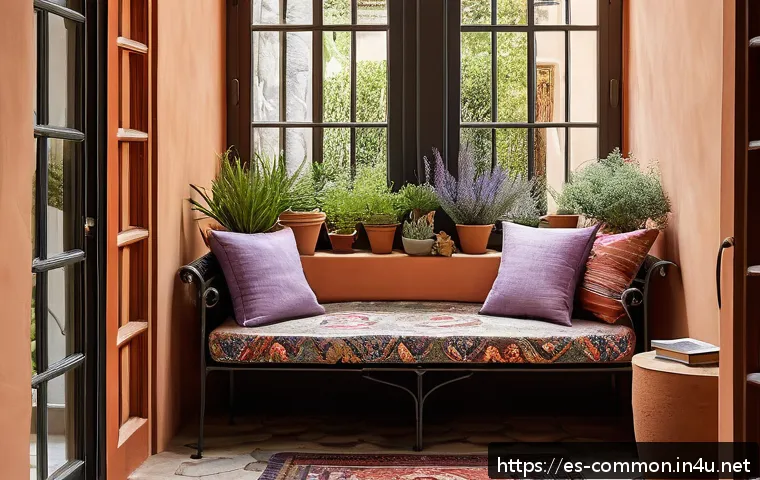 독서 상식 - A cozy Spanish-style reading nook bathed in warm natural sunlight filtering through a large window w...