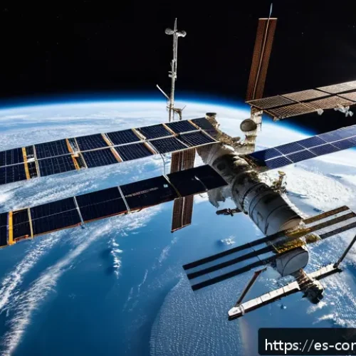우주 탐사의 역사 - A detailed scene of the International Space Station (ISS) orbiting Earth at night, illuminated by th...