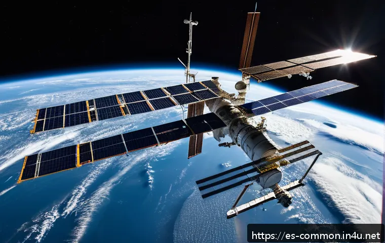 우주 탐사의 역사 - A detailed scene of the International Space Station (ISS) orbiting Earth at night, illuminated by th...