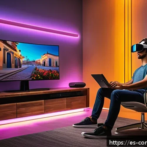 게임의 역사 - A futuristic gaming setup in a modern Spanish living room, featuring a sleek 4K curved monitor displ...