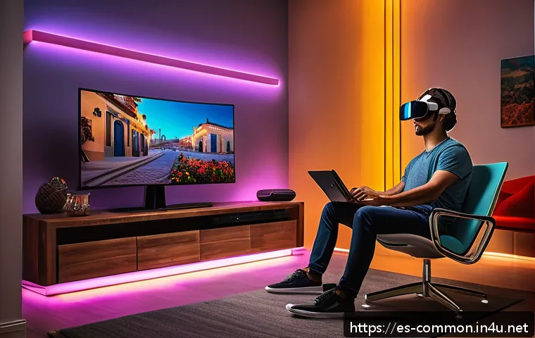 게임의 역사 - A futuristic gaming setup in a modern Spanish living room, featuring a sleek 4K curved monitor displ...