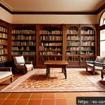 명작 문학 - A warm, cozy Spanish library interior filled with wooden bookshelves packed with classic literature ...