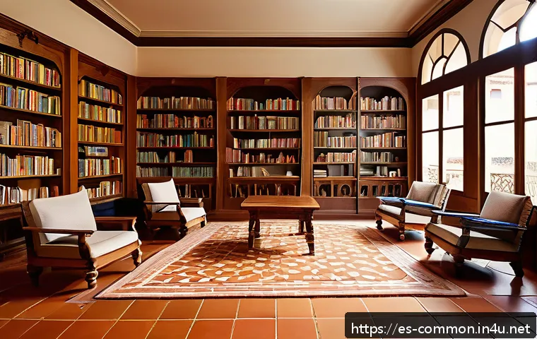명작 문학 - A warm, cozy Spanish library interior filled with wooden bookshelves packed with classic literature ...