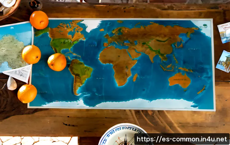 세계의 지도 - Photorealistic overhead view of a large unlabeled world map spread across a rustic wooden table in a...