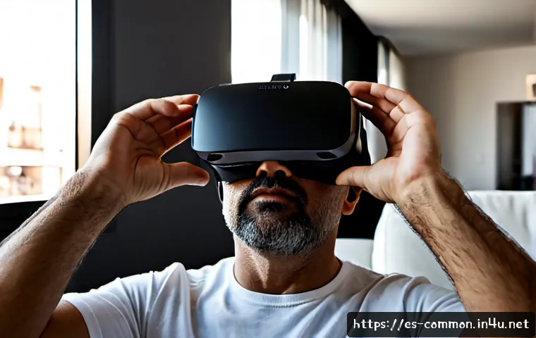 가상 현실 - Photorealistic virtual reality home experience, middle-aged Spanish man wearing a sleek blank VR hea...