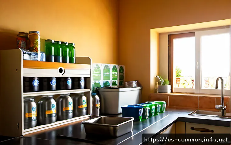 환경 상식 - Photorealistic sunlit Spanish Mediterranean apartment kitchen, an adult sorting clean household wast...