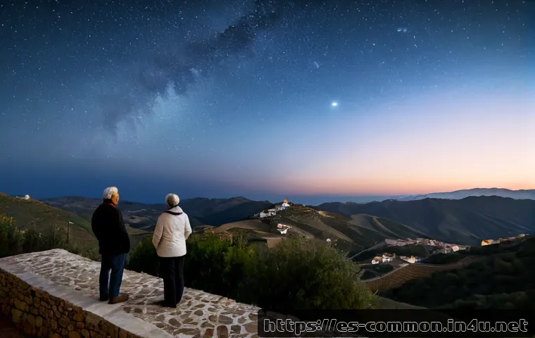 하늘의 비밀 - Photorealistic twilight view from a quiet Spanish countryside hilltop, an elderly couple in simple j...