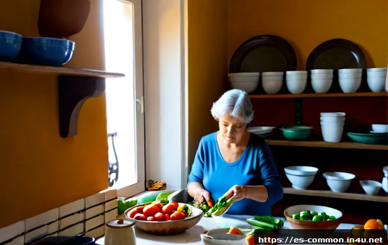 생활 상식 - Photorealistic everyday household wisdom scene in a bright Spanish apartment kitchen, an older woman...